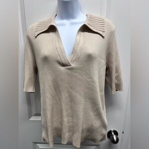 H by Halston Womens XL V Neck Short Sleeve top with collar, neck detailing NWT